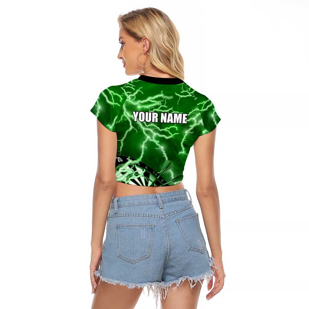 Personalized Darts Lightning Green Storm Raglan Cropped T Shirt with Electric Energy Pattern and Dartboard Graphics - Wonder Print Shop