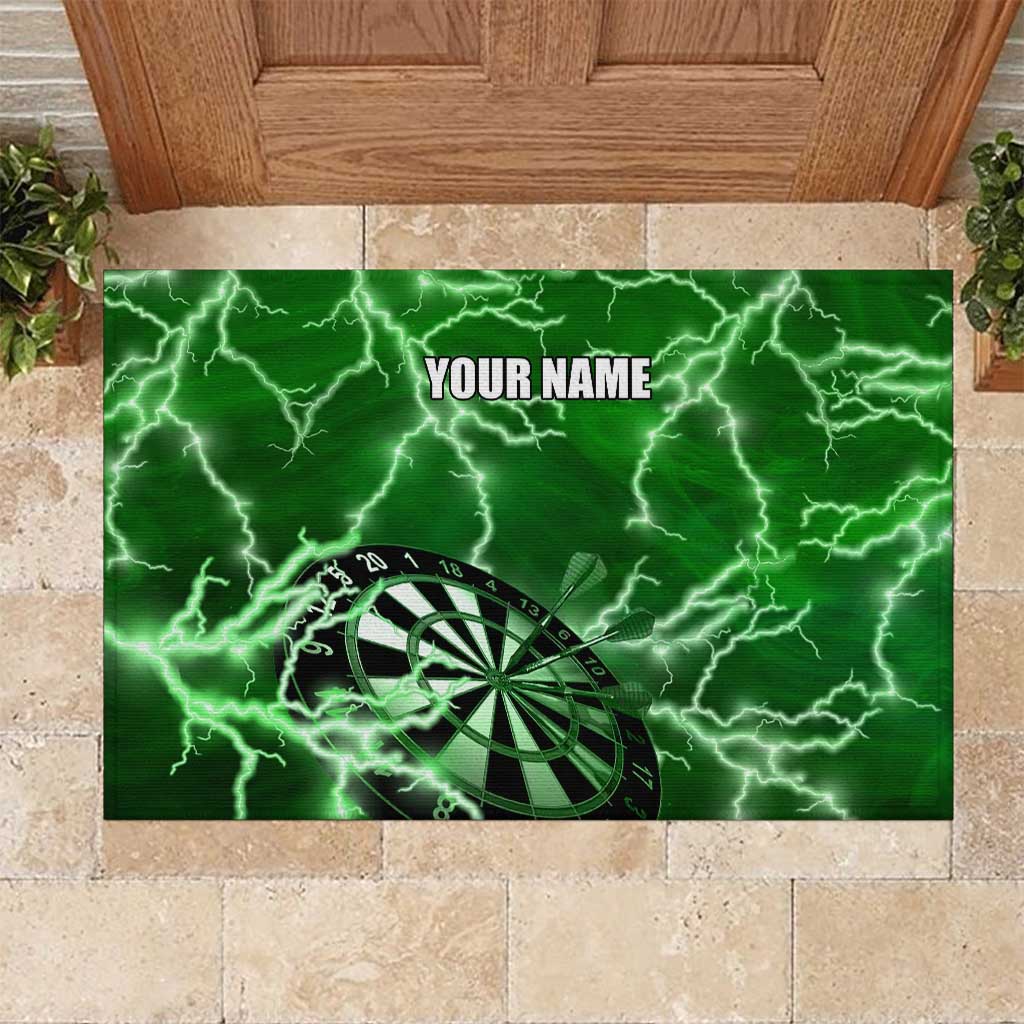 Personalized Darts Lightning Green Storm Rubber Doormat with Electric Energy Pattern and Dartboard Graphics - Wonder Print Shop