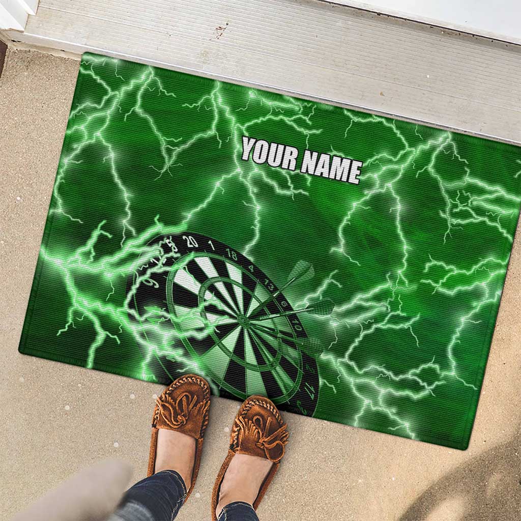 Personalized Darts Lightning Green Storm Rubber Doormat with Electric Energy Pattern and Dartboard Graphics - Wonder Print Shop