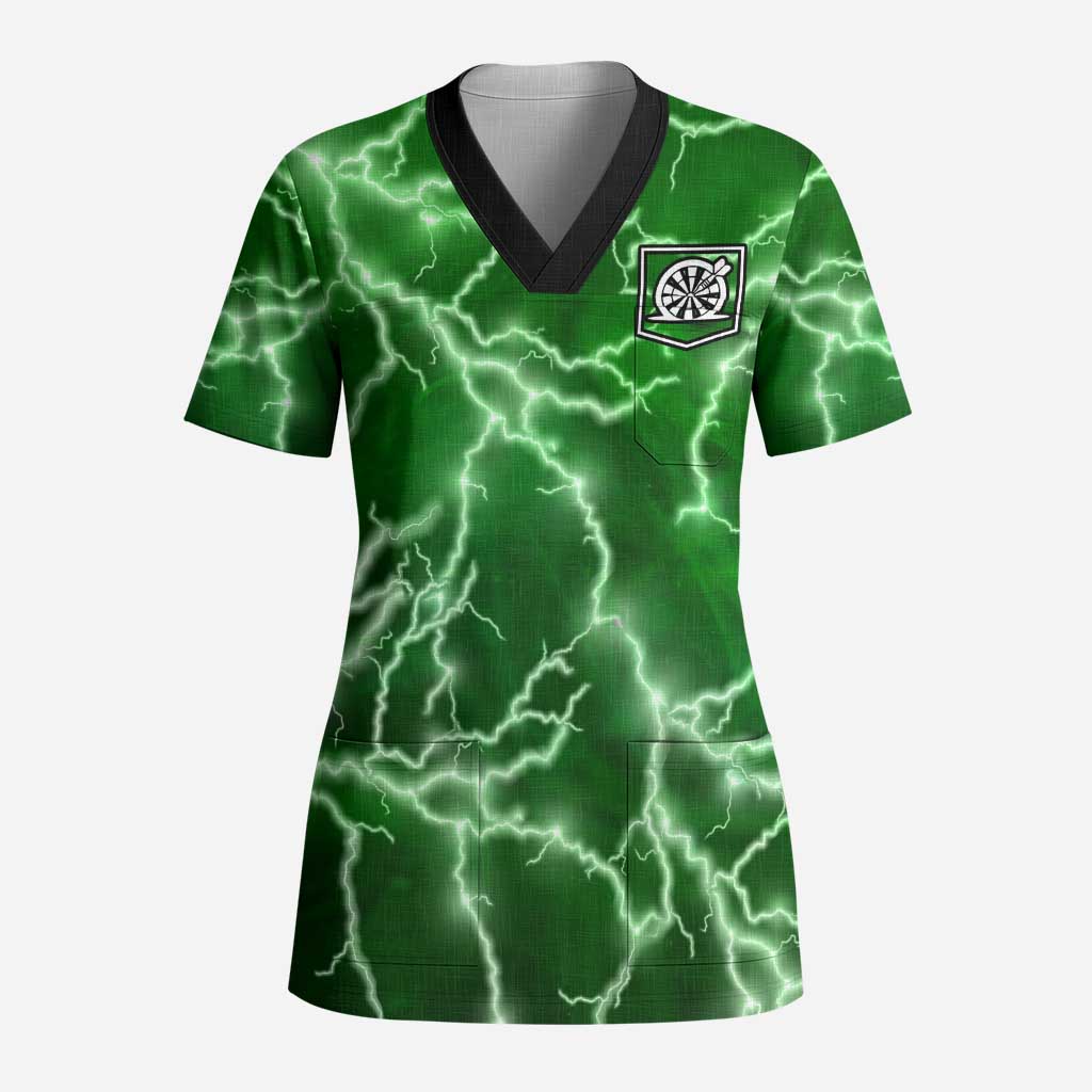 Personalized Darts Lightning Green Storm Scrub Top with Electric Energy Pattern and Dartboard Graphics - Wonder Print Shop