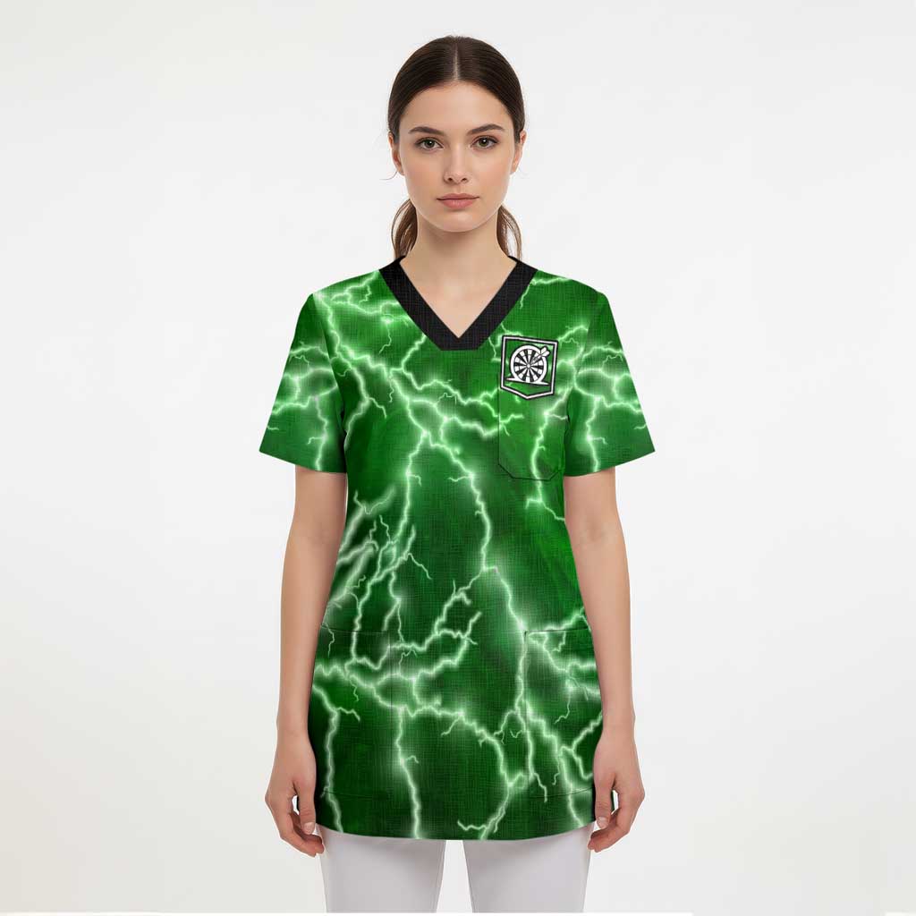 Personalized Darts Lightning Green Storm Scrub Top with Electric Energy Pattern and Dartboard Graphics - Wonder Print Shop