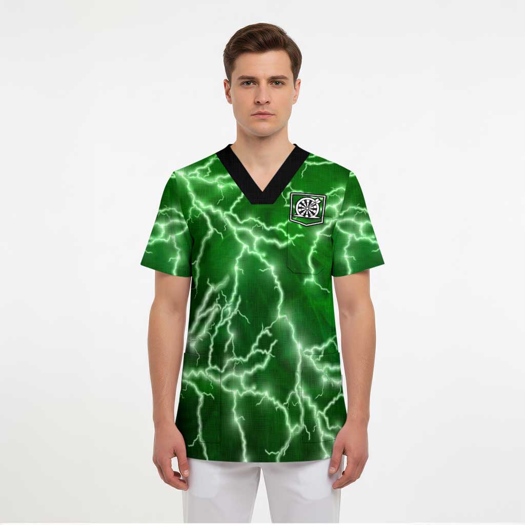 Personalized Darts Lightning Green Storm Scrub Top with Electric Energy Pattern and Dartboard Graphics - Wonder Print Shop