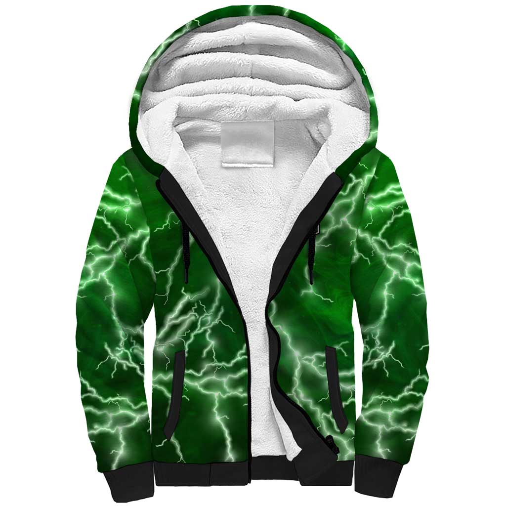 Personalized Darts Lightning Green Storm Sherpa Hoodie with Electric Energy Pattern and Dartboard Graphics - Wonder Print Shop