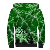 Personalized Darts Lightning Green Storm Sherpa Hoodie with Electric Energy Pattern and Dartboard Graphics - Wonder Print Shop