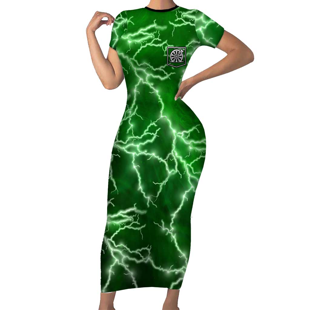 Personalized Darts Lightning Green Storm Short Sleeve Bodycon Dress with Electric Energy Pattern and Dartboard Graphics - Wonder Print Shop