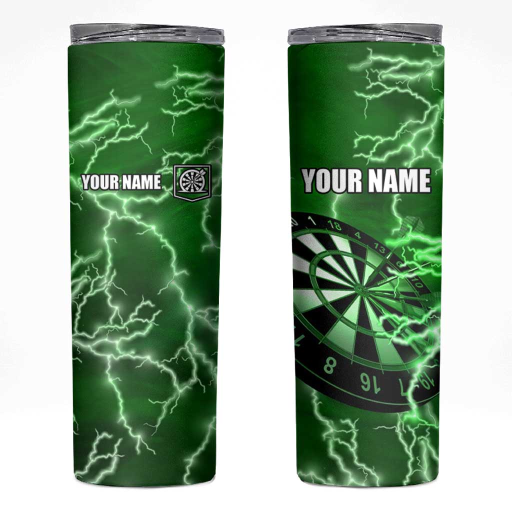 Personalized Darts Lightning Green Storm Skinny Tumbler with Electric Energy Pattern and Dartboard Graphics - Wonder Print Shop