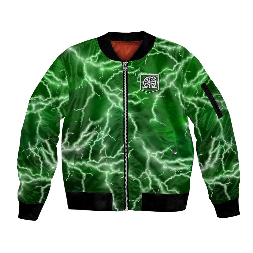 Personalized Darts Lightning Green Storm Sleeve Zip Bomber Jacket with Electric Energy Pattern and Dartboard Graphics - Wonder Print Shop