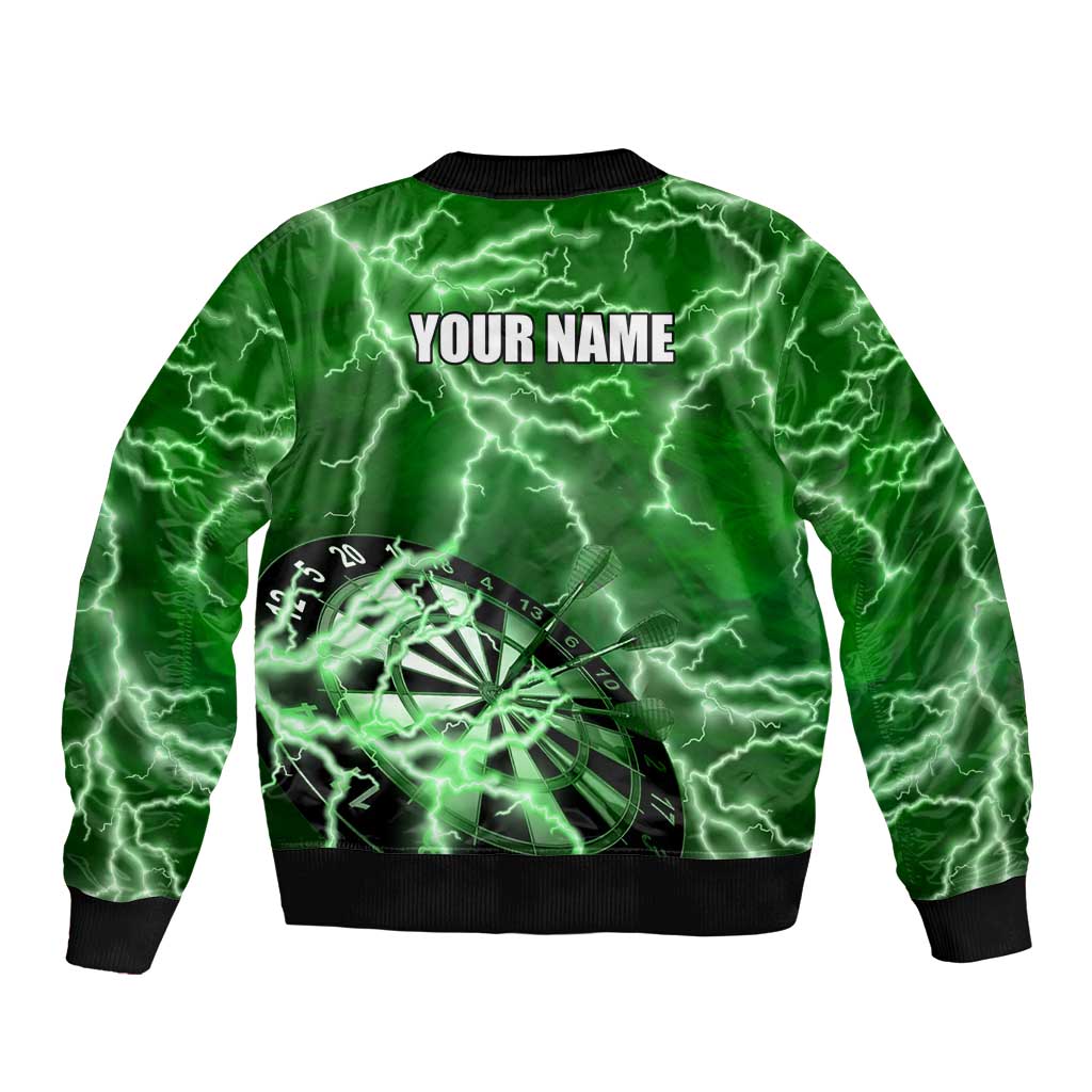 Personalized Darts Lightning Green Storm Sleeve Zip Bomber Jacket with Electric Energy Pattern and Dartboard Graphics - Wonder Print Shop