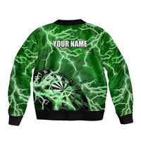 Personalized Darts Lightning Green Storm Sleeve Zip Bomber Jacket with Electric Energy Pattern and Dartboard Graphics - Wonder Print Shop