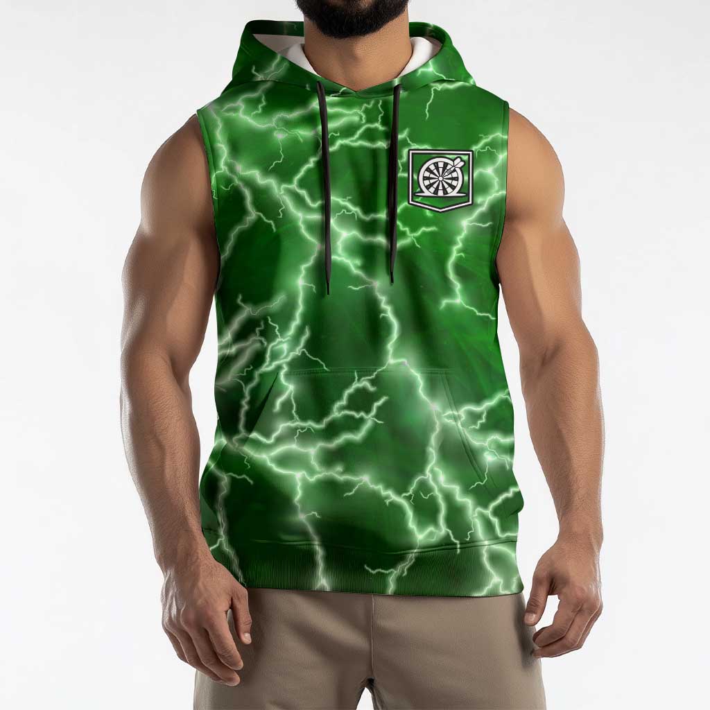 Personalized Darts Lightning Green Storm Sleeveless Hoodie with Electric Energy Pattern and Dartboard Graphics - Wonder Print Shop