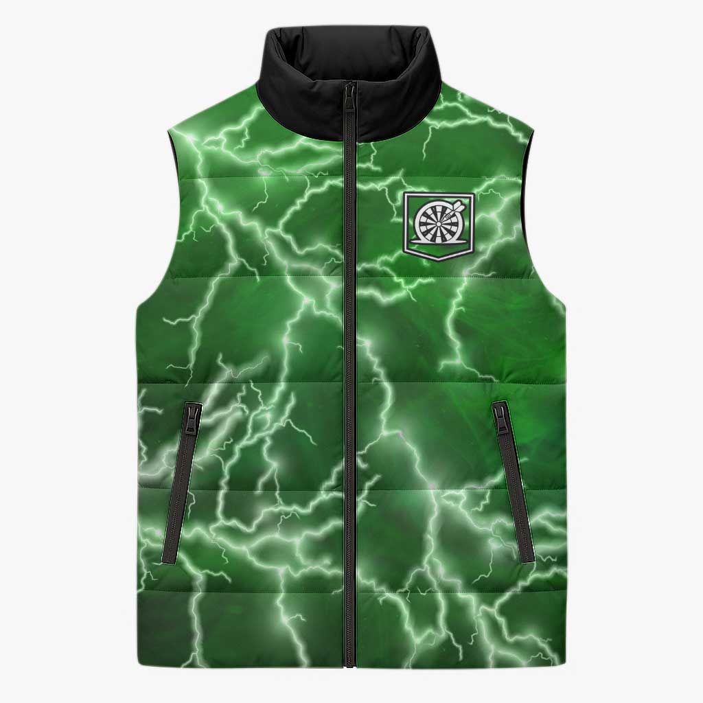 Personalized Darts Lightning Green Storm Sleeveless Puffer Jacket with Electric Energy Pattern and Dartboard Graphics - Wonder Print Shop