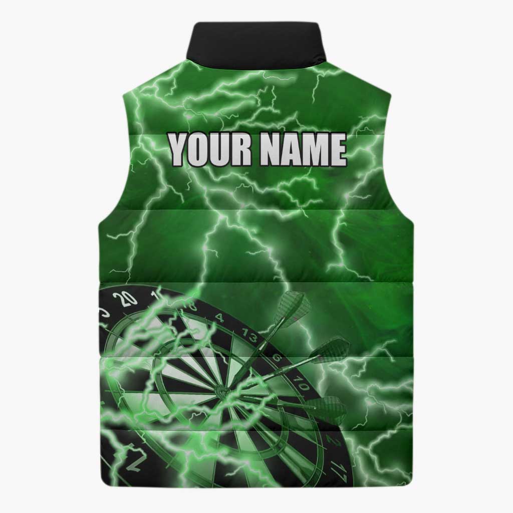 Personalized Darts Lightning Green Storm Sleeveless Puffer Jacket with Electric Energy Pattern and Dartboard Graphics - Wonder Print Shop