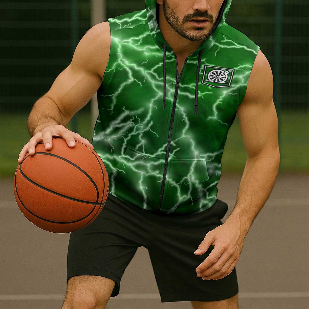 Personalized Darts Lightning Green Storm Sleeveless Zip Hoodie with Electric Energy Pattern and Dartboard Graphics - Wonder Print Shop