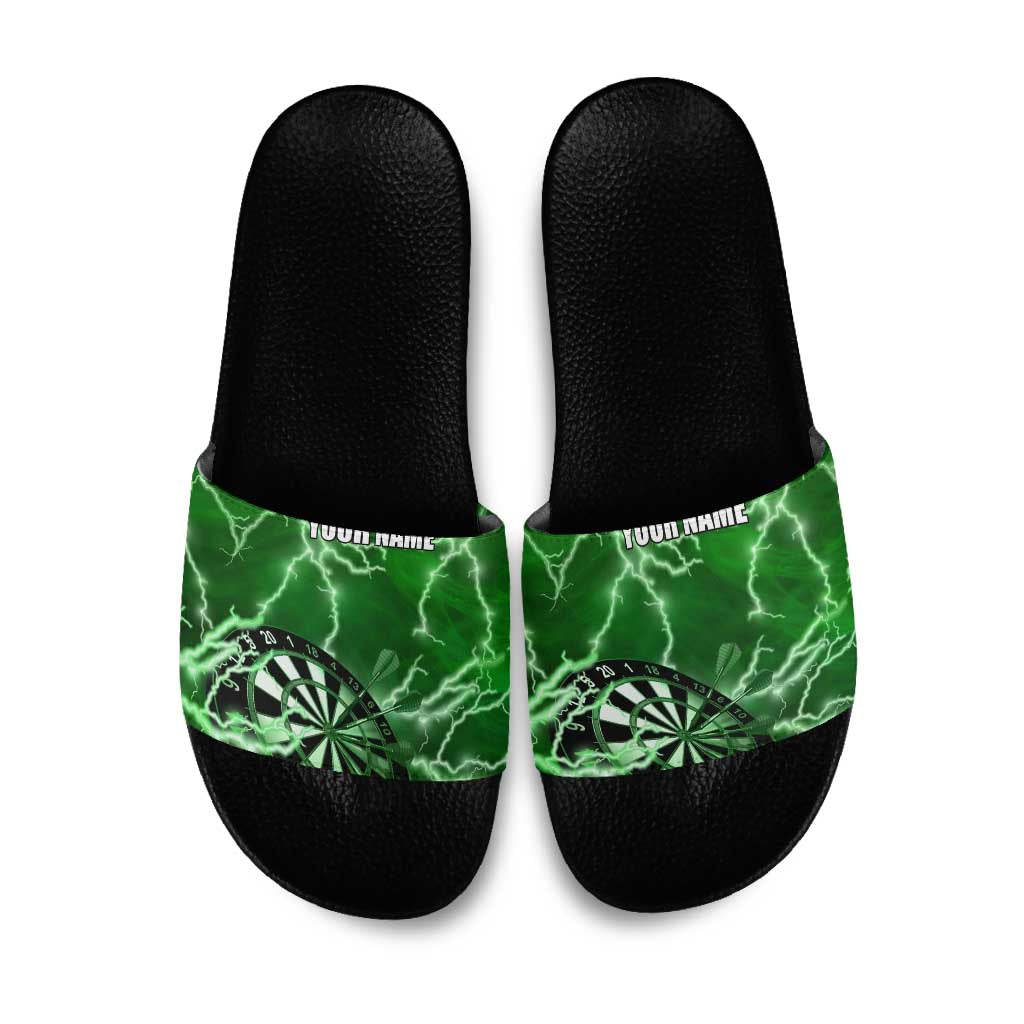Personalized Darts Lightning Green Storm Slide Sandals with Electric Energy Pattern and Dartboard Graphics - Wonder Print Shop