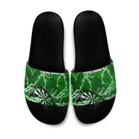Personalized Darts Lightning Green Storm Slide Sandals with Electric Energy Pattern and Dartboard Graphics - Wonder Print Shop