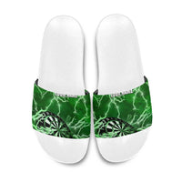 Personalized Darts Lightning Green Storm Slide Sandals with Electric Energy Pattern and Dartboard Graphics - Wonder Print Shop