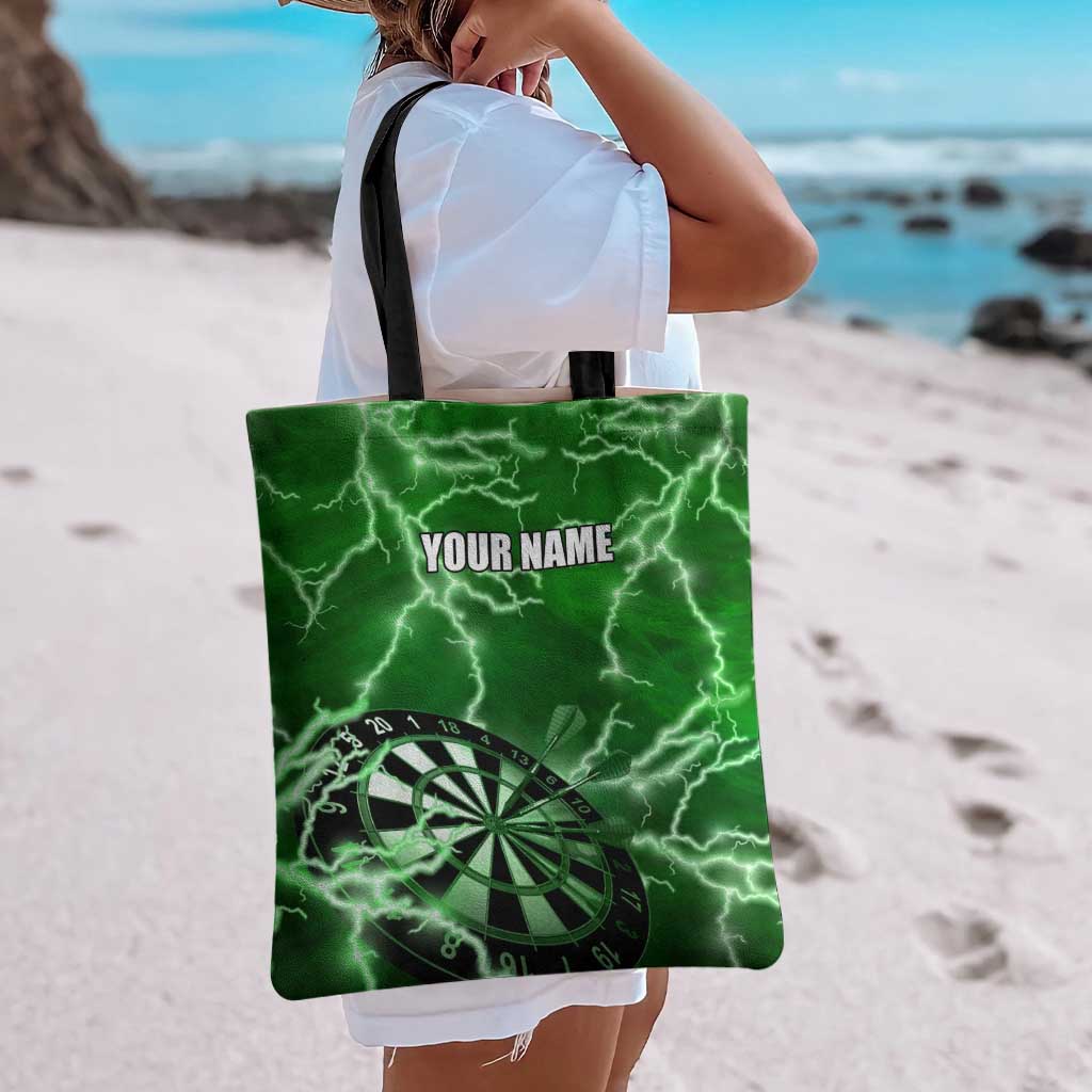 Personalized Darts Lightning Green Storm Tote Bag with Electric Energy Pattern and Dartboard Graphics - Wonder Print Shop