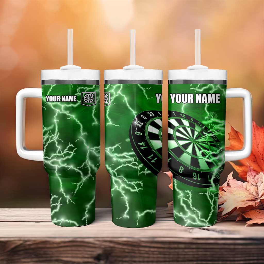 Personalized Darts Lightning Green Storm Tumbler With Handle with Electric Energy Pattern and Dartboard Graphics - Wonder Print Shop
