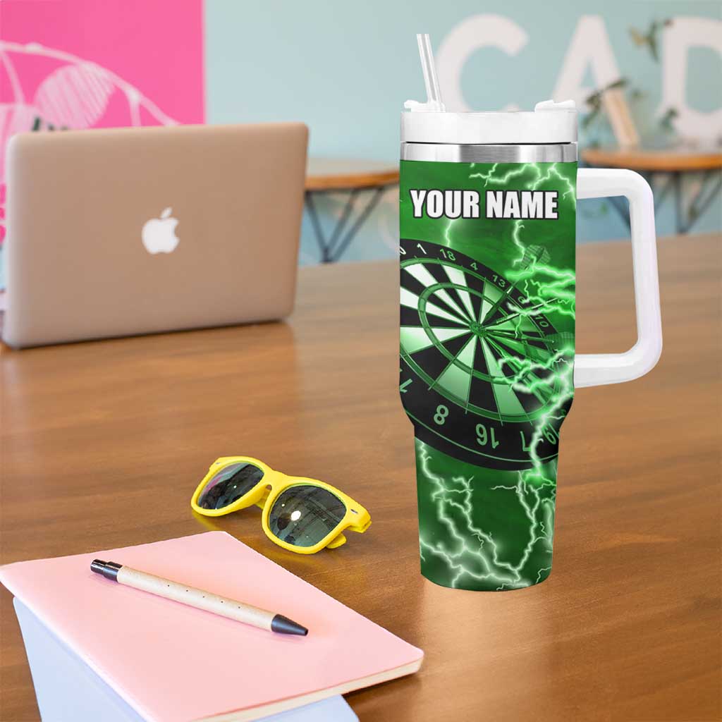 Personalized Darts Lightning Green Storm Tumbler With Handle with Electric Energy Pattern and Dartboard Graphics - Wonder Print Shop