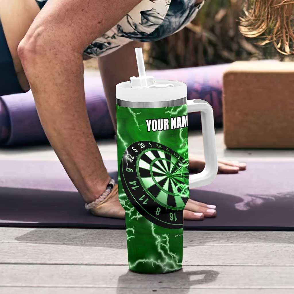 Personalized Darts Lightning Green Storm Tumbler With Handle with Electric Energy Pattern and Dartboard Graphics - Wonder Print Shop