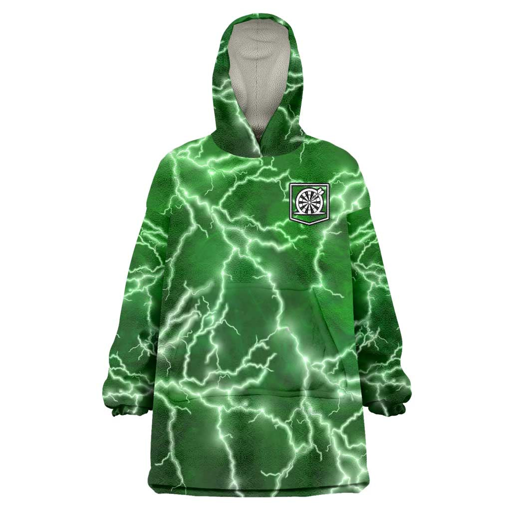 Personalized Darts Lightning Green Storm Wearable Blanket Hoodie with Electric Energy Pattern and Dartboard Graphics - Wonder Print Shop