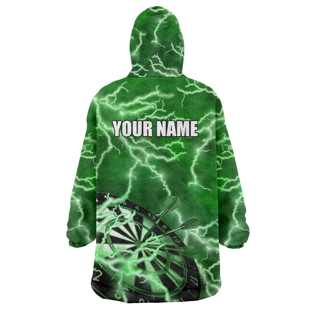 Personalized Darts Lightning Green Storm Wearable Blanket Hoodie with Electric Energy Pattern and Dartboard Graphics - Wonder Print Shop