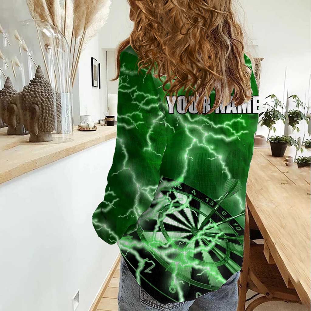 Personalized Darts Lightning Green Storm Women Casual Shirt with Electric Energy Pattern and Dartboard Graphics - Wonder Print Shop