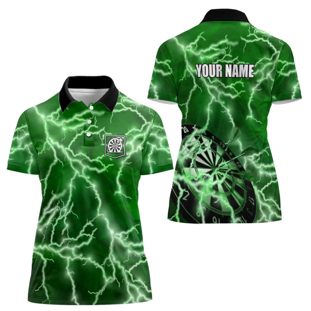 Personalized Darts Lightning Green Storm Women Polo Shirt with Electric Energy Pattern and Dartboard Graphics - Wonder Print Shop