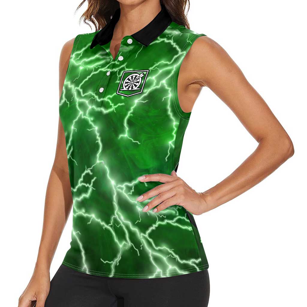 Personalized Darts Lightning Green Storm Women Sleeveless Polo Shirt with Electric Energy Pattern and Dartboard Graphics - Wonder Print Shop