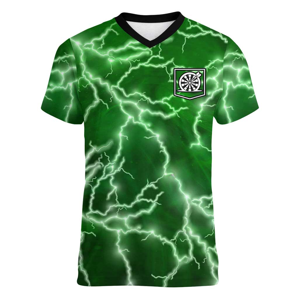 Personalized Darts Lightning Green Storm Women V-Neck T-Shirt with Electric Energy Pattern and Dartboard Graphics - Wonder Print Shop
