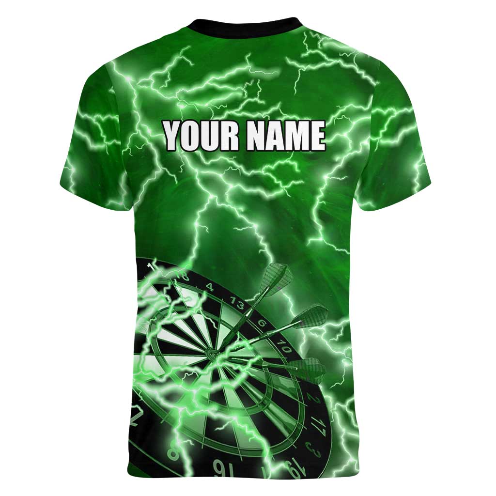 Personalized Darts Lightning Green Storm Women V-Neck T-Shirt with Electric Energy Pattern and Dartboard Graphics - Wonder Print Shop