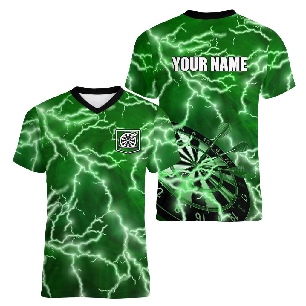 Personalized Darts Lightning Green Storm Women V-Neck T-Shirt with Electric Energy Pattern and Dartboard Graphics - Wonder Print Shop