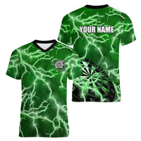 Personalized Darts Lightning Green Storm Women V-Neck T-Shirt with Electric Energy Pattern and Dartboard Graphics - Wonder Print Shop