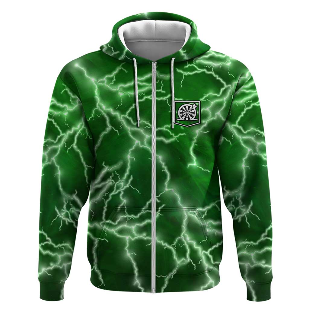 Personalized Darts Lightning Green Storm Zip Hoodie with Electric Energy Pattern and Dartboard Graphics - Wonder Print Shop