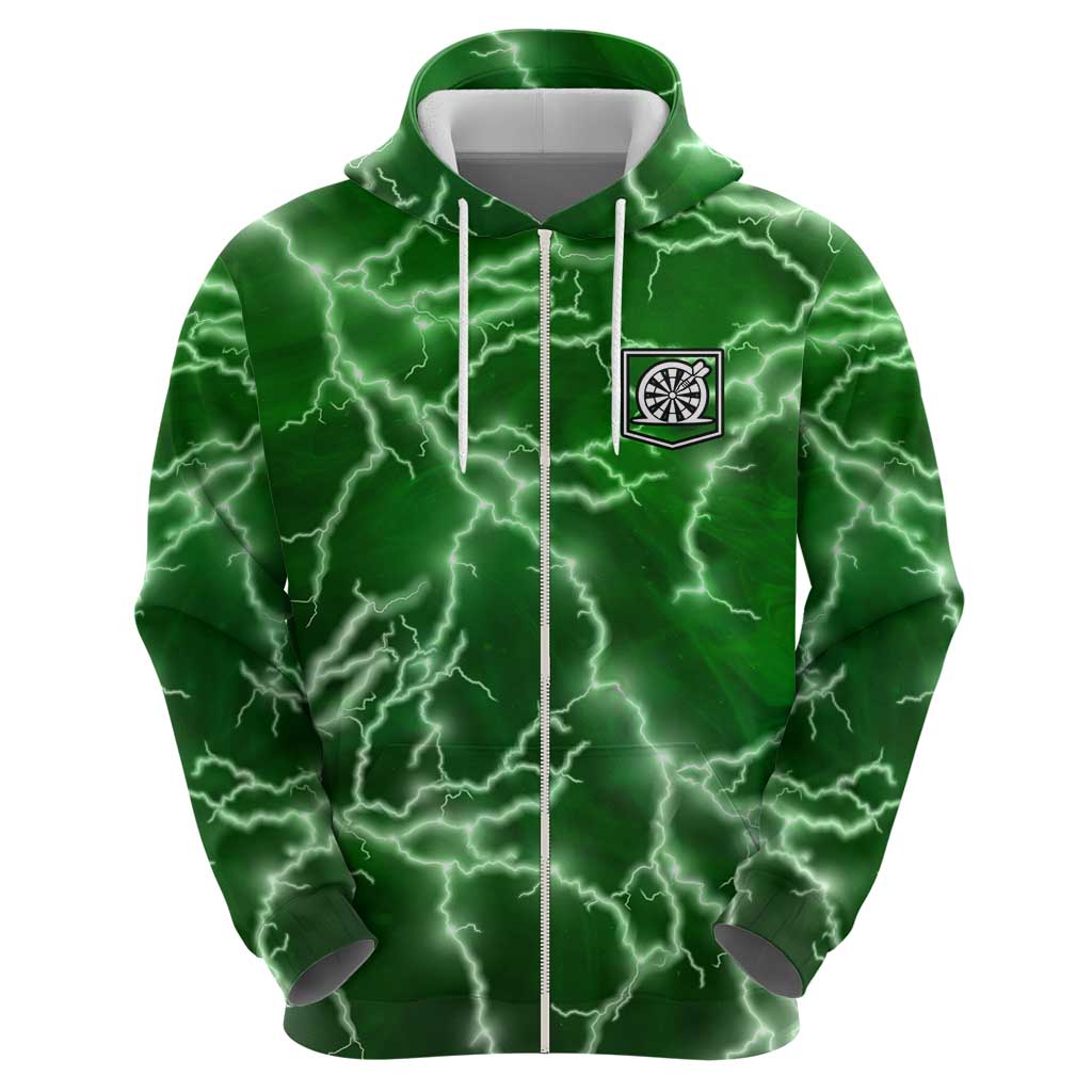 Personalized Darts Lightning Green Storm Zip Hoodie with Electric Energy Pattern and Dartboard Graphics - Wonder Print Shop