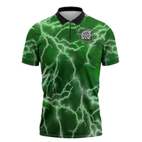 Personalized Darts Lightning Green Storm Zipper Polo Shirt with Electric Energy Pattern and Dartboard Graphics - Wonder Print Shop
