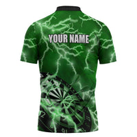 Personalized Darts Lightning Green Storm Zipper Polo Shirt with Electric Energy Pattern and Dartboard Graphics - Wonder Print Shop