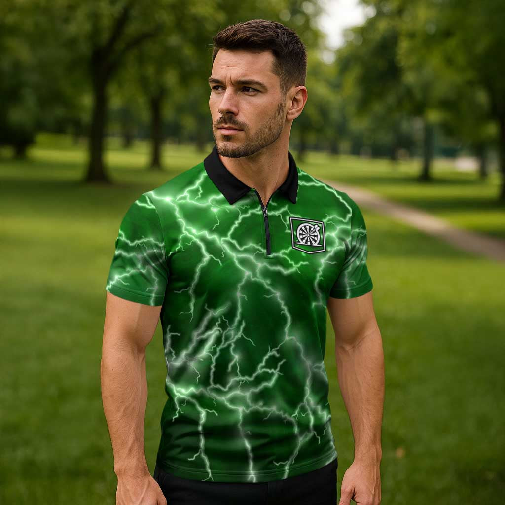 Personalized Darts Lightning Green Storm Zipper Polo Shirt with Electric Energy Pattern and Dartboard Graphics - Wonder Print Shop