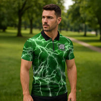 Personalized Darts Lightning Green Storm Zipper Polo Shirt with Electric Energy Pattern and Dartboard Graphics - Wonder Print Shop