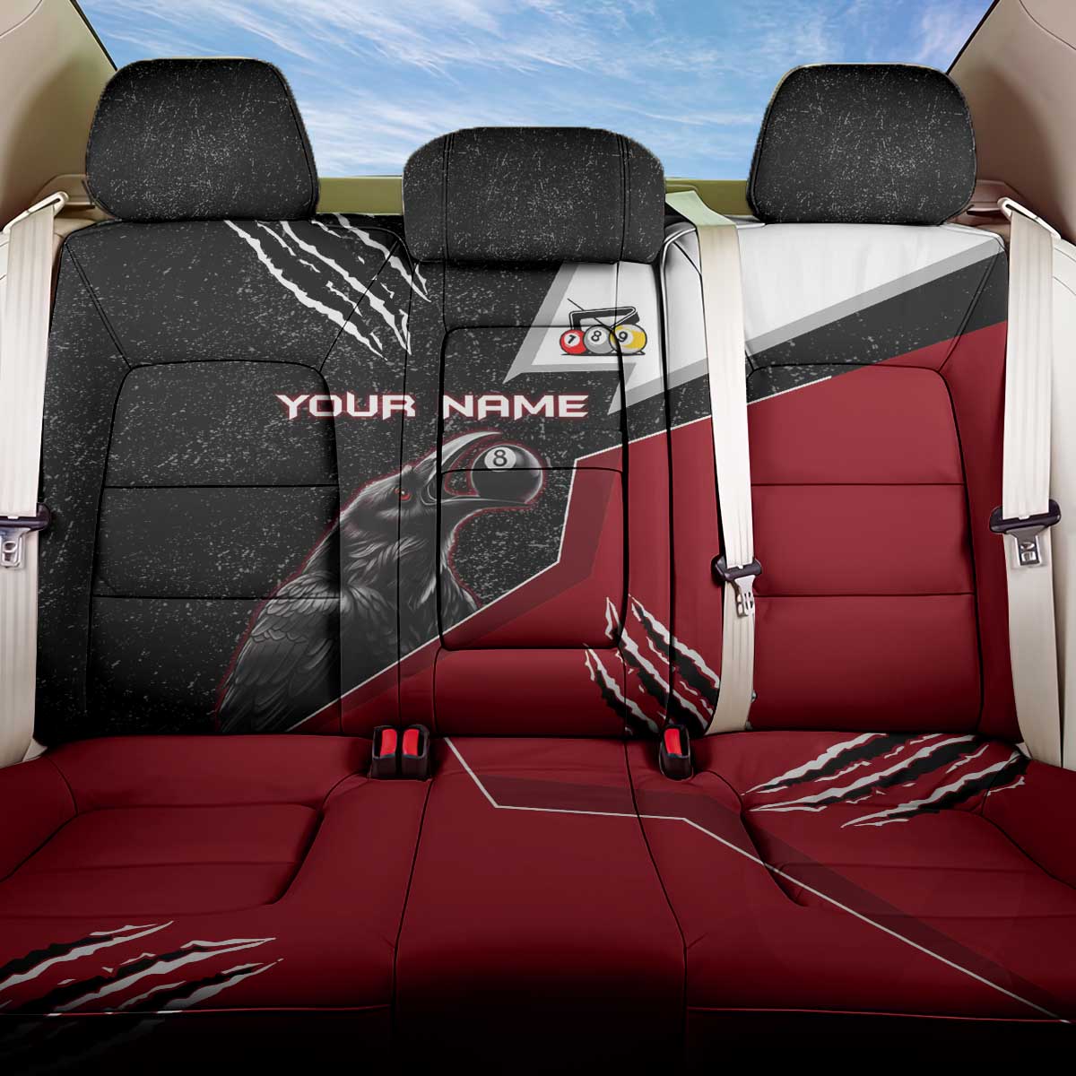 Personalized Raven Billiards Back Car Seat Cover with Dark Cemetery Scene and Red Eye Crow Artwork - Wonder Print Shop