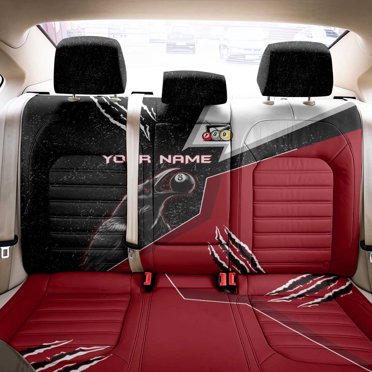 Personalized Raven Billiards Back Car Seat Cover with Dark Cemetery Scene and Red Eye Crow Artwork - Wonder Print Shop