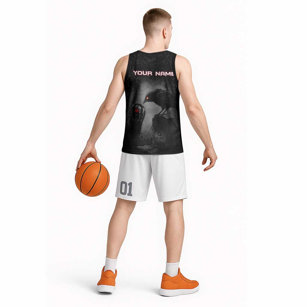 Personalized Raven Billiards Basketball Jersey with Dark Cemetery Scene and Red Eye Crow Artwork - Wonder Print Shop