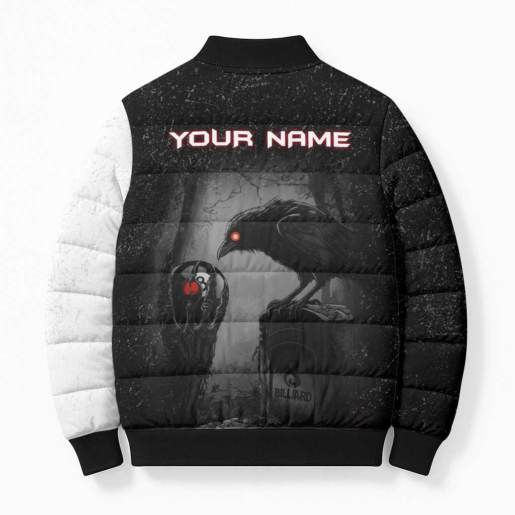 Personalized Raven Billiards Bomber Puffer Jacket with Dark Cemetery Scene and Red Eye Crow Artwork - Wonder Print Shop