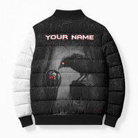 Personalized Raven Billiards Bomber Puffer Jacket with Dark Cemetery Scene and Red Eye Crow Artwork - Wonder Print Shop