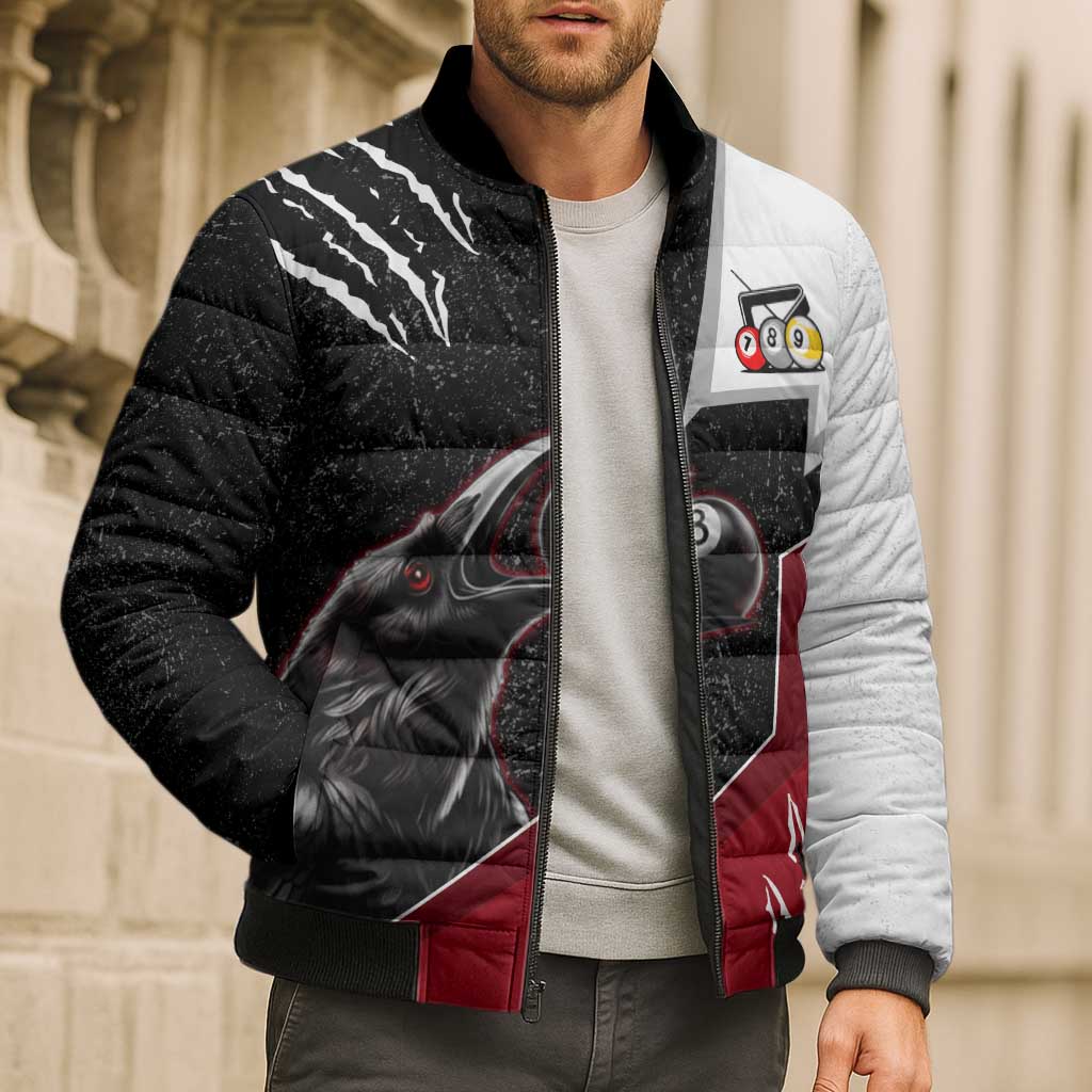 Personalized Raven Billiards Bomber Puffer Jacket with Dark Cemetery Scene and Red Eye Crow Artwork - Wonder Print Shop