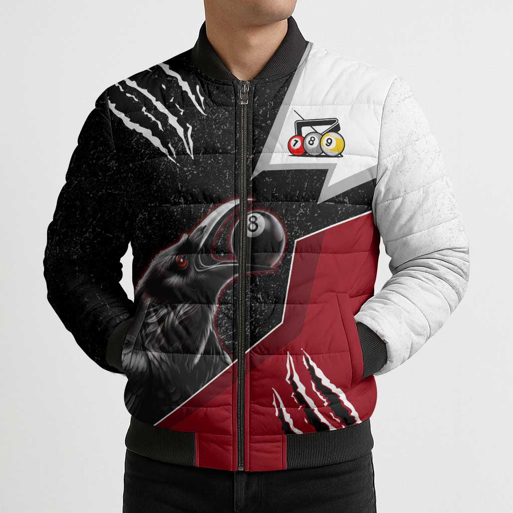 Personalized Raven Billiards Bomber Puffer Jacket with Dark Cemetery Scene and Red Eye Crow Artwork - Wonder Print Shop