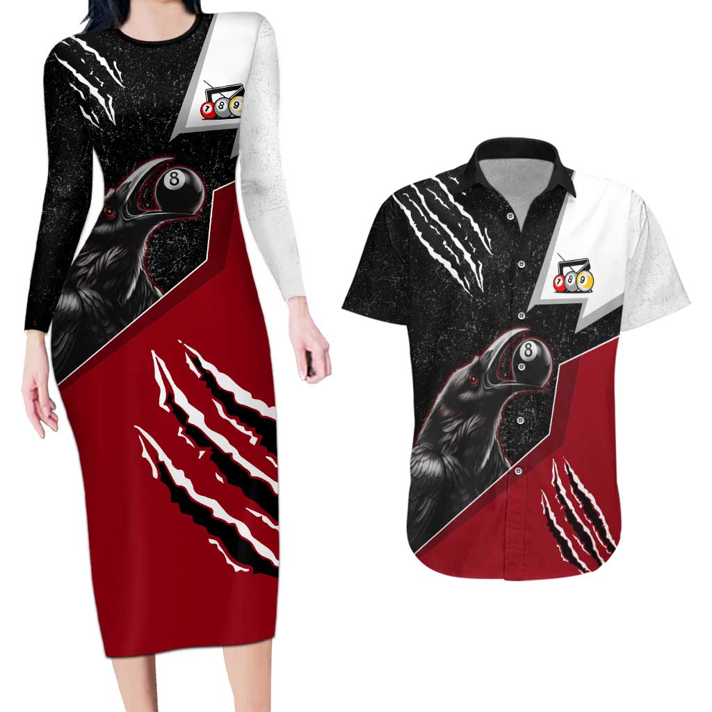 Personalized Raven Billiards Couples Matching Long Sleeve Bodycon Dress and Hawaiian Shirt with Dark Cemetery Scene and Red Eye Crow Artwork - Wonder Print Shop