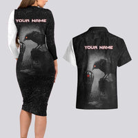 Personalized Raven Billiards Couples Matching Long Sleeve Bodycon Dress and Hawaiian Shirt with Dark Cemetery Scene and Red Eye Crow Artwork - Wonder Print Shop
