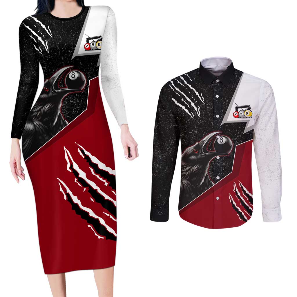 Personalized Raven Billiards Couples Matching Long Sleeve Bodycon Dress and Long Sleeve Button Shirt with Dark Cemetery Scene and Red Eye Crow Artwork - Wonder Print Shop