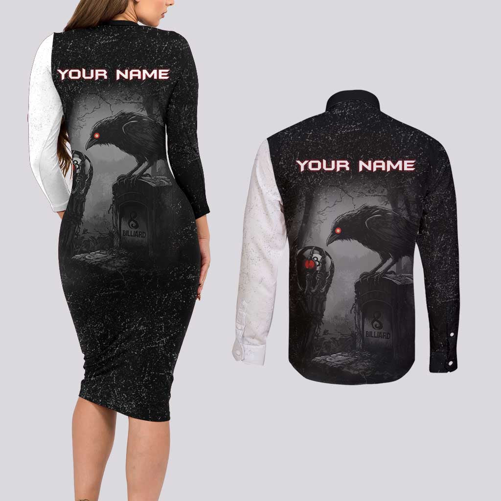 Personalized Raven Billiards Couples Matching Long Sleeve Bodycon Dress and Long Sleeve Button Shirt with Dark Cemetery Scene and Red Eye Crow Artwork - Wonder Print Shop